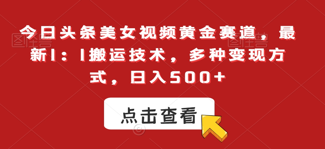 今日头条美女视频黄金赛道，最新1：1搬运技术，多种变现方式，日入500+【揭秘】-互联网资源大全网