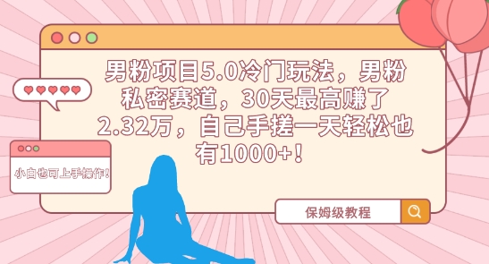 男粉项目5.0冷门玩法,男粉私密赛道,30天最高赚了2.32万,自己手搓一天轻松也有1000+【揭秘】-互联网资源大全网