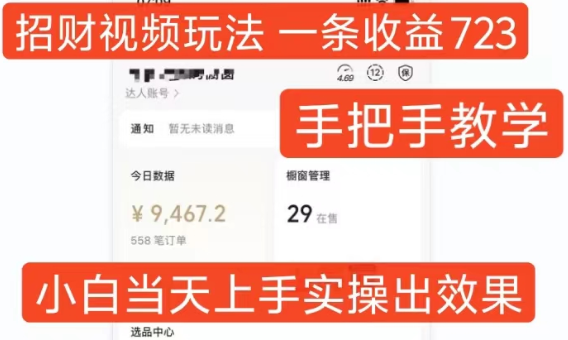 招财视频玩法,一条视频收益723,手把手教学,小白当天可上手-互联网资源大全网