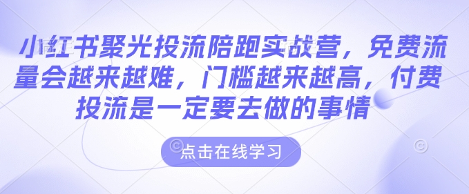 小红书聚光投流陪跑实战营，免费流量会越来越难，门槛越来越高，付费投流是一定要去做的事情-互联网资源大全网