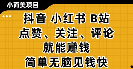 小而美的项目,抖音小红书B站视频点赞、关注、评论就能挣钱,简单无脑立见收益,妥妥的零撸项目【揭秘】-互联网资源大全网