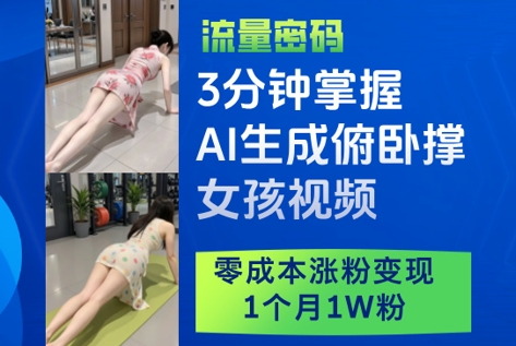 3分钟掌握AI生成俯卧撑女孩视频,零成本涨粉变现,1个月1W粉-互联网资源大全网