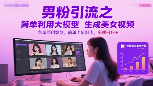 男粉引流之简单利用大模型生成美女视频，条条原创爆款，简单上传制作，变现日1k+-互联网资源大全网