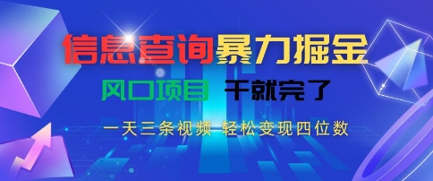 信息查询暴力掘金,一天三条视频,轻松变现四位数,风口项目干就完了【揭秘】-互联网资源大全网