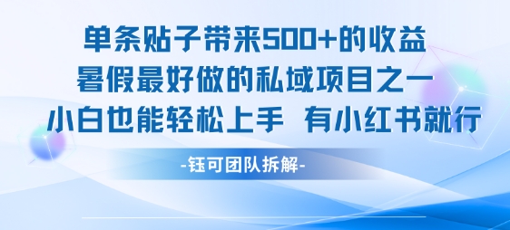 单条贴子带来5张的收益，暑假最好做的私域项目之一，小白也能轻松上手，有小红书就行-互联网资源大全网
