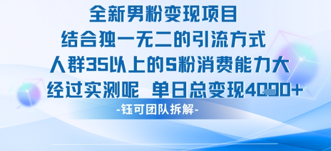 全新男粉变现项目引流人群35以上的男粉消费能力大 经过实测单日变现1k+-互联网资源大全网
