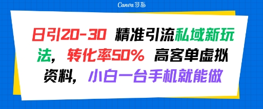 日引 20-30 精准引流私域新玩法，转化率50% 高客单虚拟资料，小白一台手机就能做-互联网资源大全网