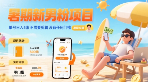暑期新男粉项目 单号日入5张 不需要剪辑  没有任何门槛-第一资源库