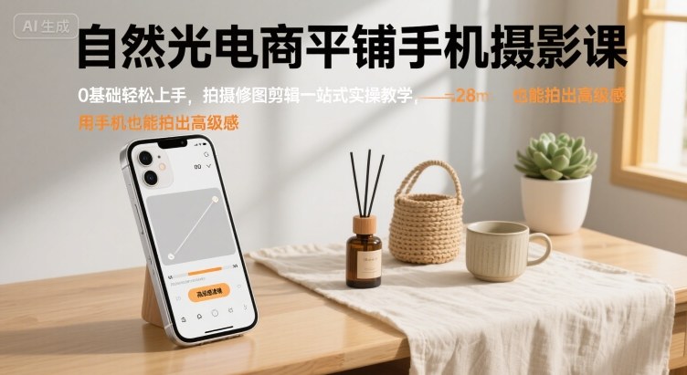 自然光电商平铺手机摄影课,0基础轻松上手,拍摄修图剪辑一站式实操教学,用手机也能拍出高级感-互联网资源大全网