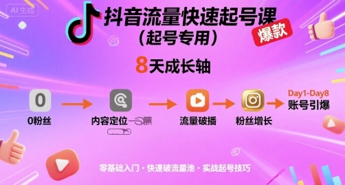 抖音流量快速起号课(起号专用),8天带你做爆自己的账号-第一资源库