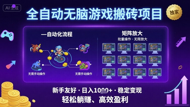 全自动无脑游戏搬砖项目，独家玩法，可批量矩阵无限放大，新手也能轻松日入1k+【揭秘】-互联网资源大全网
