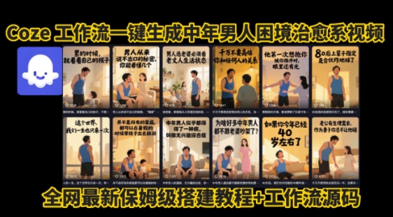 coze工作流一键生成”中年男人困境扎心高涨粉高播放量图文视频”保姆级拆解教程，无需剪辑，无需拍摄写文案-互联网资源大全网