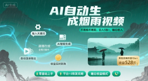 不用拍不用剪！AI自动生成烟雨视频，日入5张+，睡后收入-互联网资源大全网