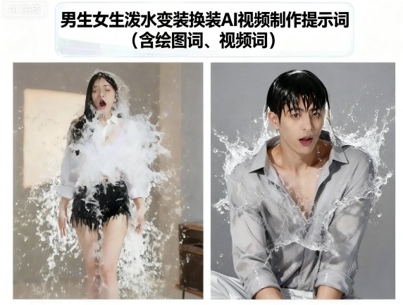 男生女生泼水变装换装AI视频制作提示词(含绘图词、视频词)-互联网资源大全网