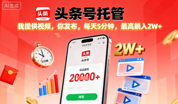 【头条号托管】我提供视频,你发布,每天5分钟,最高躺入2W+【揭秘】-互联网资源大全网