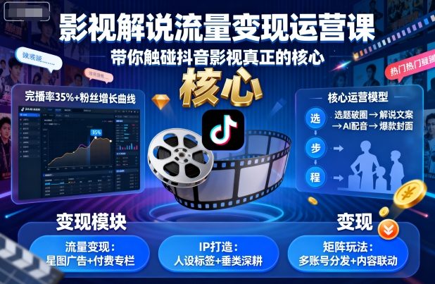 影视解说流量变现运营课，带你触碰抖音影视真正的核心-互联网资源大全网