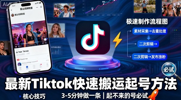 最新Tiktok快速搬运快速起号方法，3-5分钟做一条，起不来的号可以试试-互联网资源大全网