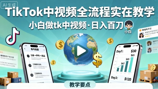 TikTok中视频全流程实操教学,小白做tk中视频,日入百刀-互联网资源大全网
