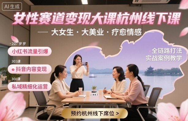女性赛道变现大课杭州线下,大女生,大美业,疗愈情感,一套小红书、抖音、私域全链路打法-互联网资源大全网