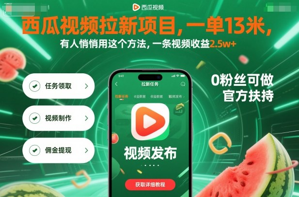 西瓜视频拉新项目，一单13米，有人悄悄用这个方法，一条视频收益2.5w+（附详细教程）-互联网资源大全网