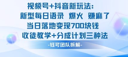 视频号加抖音新玩法：爆火新型每日语录，收徒教学加分成计划，三种变现玩法，当日变现7张-互联网资源大全网