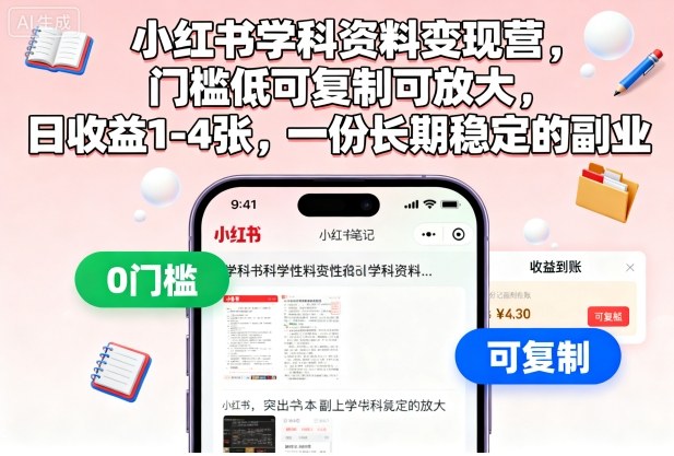 小红书学科资料变现营,门槛低可复制可放大,日收益1-4张,一份长期稳定的副业-互联网资源大全网