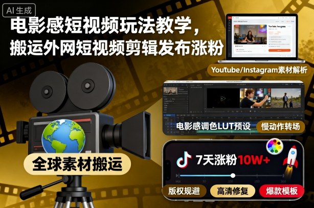 电影感短视频玩法教学,搬运外网短视频剪辑发布涨粉-互联网资源大全网