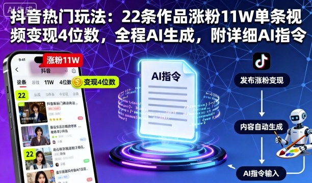 抖音热门玩法：22条作品涨粉11W单条视频变现4位数，全程AI生成，附详细AI指令-互联网资源大全网