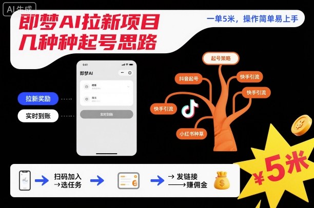 即梦AI拉新项目几种起号思路，一单5米，操作简单易上手-第一资源库