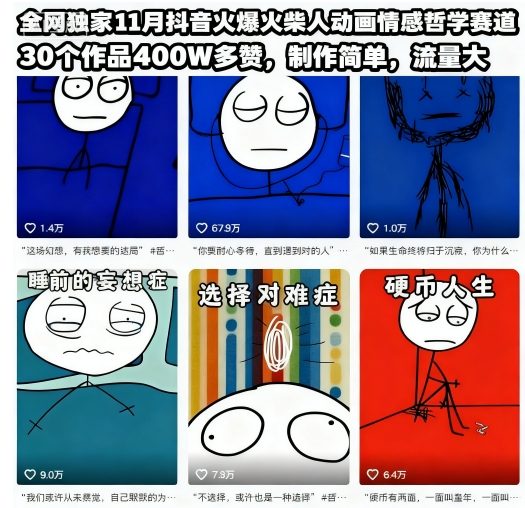 全网独家11月抖音火爆火柴人动画情感哲学赛道，30个作品400W多赞，制作简单，流量大【教学+素材】-第一资源库