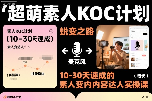 超萌素人KOC计划，10-30天速成的素人变内容达人实操课，适合想做短剧小说推文电商推广的素人入局-互联网资源大全网