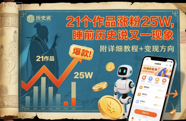 21个作品涨粉25W,睡前历史说又一现象级AI内容大爆款来啦,附详细教程+变现方向-第一资源库