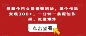 最新今日头条搬砖玩法，单个作品变现300+，一分钟一条原创作品，流量爆炸【揭秘】-互联网资源大全网