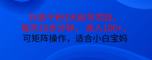 抖音干粉3天起号项目,每天10多分钟,收入100+,可矩阵操作,适合小白宝妈-互联网资源大全网