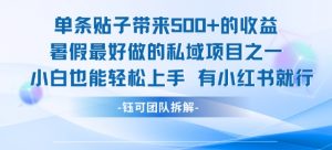 单条贴子带来5张的收益，暑假最好做的私域项目之一，小白也能轻松上手，有小红书就行-互联网资源大全网