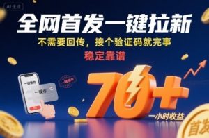 全网首发一键拉新项目，不需要回传，接个验证码就完事，稳定靠谱，一小时收益70+【揭秘】-互联网资源大全网