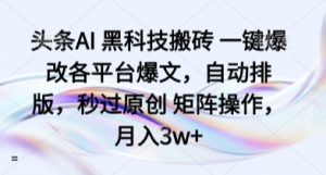 头条AI 黑科技搬砖 一键爆改各平台爆文,自动排版,秒过原创 矩阵操作,月入3w+【揭秘】-互联网资源大全网