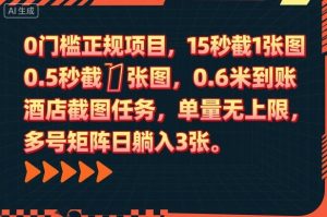 0门槛正规项目,15秒截1张图,0.6米到账,酒店截图任务,单量无上限,多号矩阵日躺入3张【揭秘】-互联网资源大全网