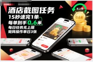 酒店截图任务,15秒速完1单,每单到手0.6米,每日任务无上限,全网首发玩法,矩阵操作单日3张【揭秘】-互联网资源大全网