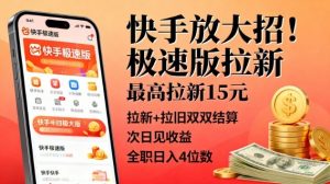 快手放大招！极速版拉新，最高拉新15米，拉新+拉旧双双结算，次日见收益，全职日入4位数-互联网资源大全网